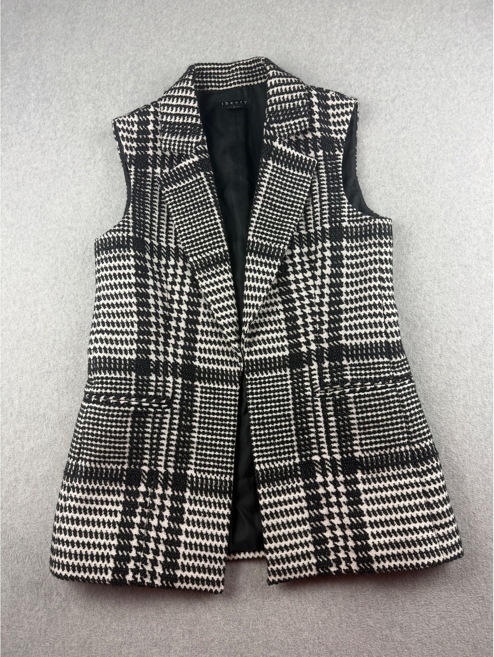 Theory Plaid Wool Blend Longline Vest Black White Houndstooth